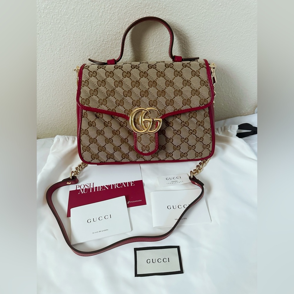 Gucci Canvas Marmont Top Handle Flap Closure Bag